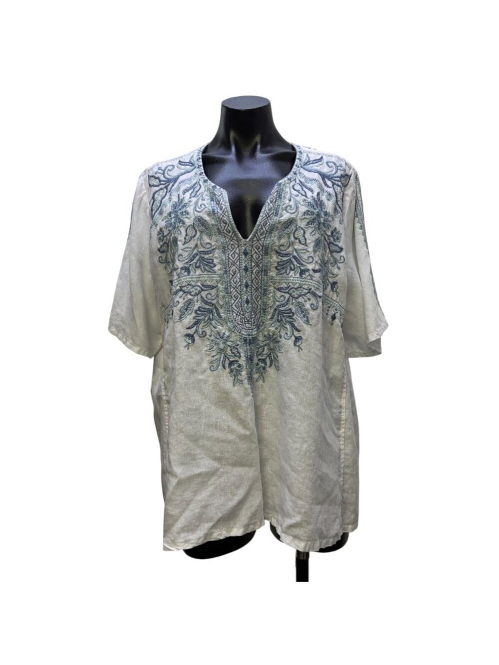 Johnny Was Linen Embroidered Tunic Blouse White & Blue XL